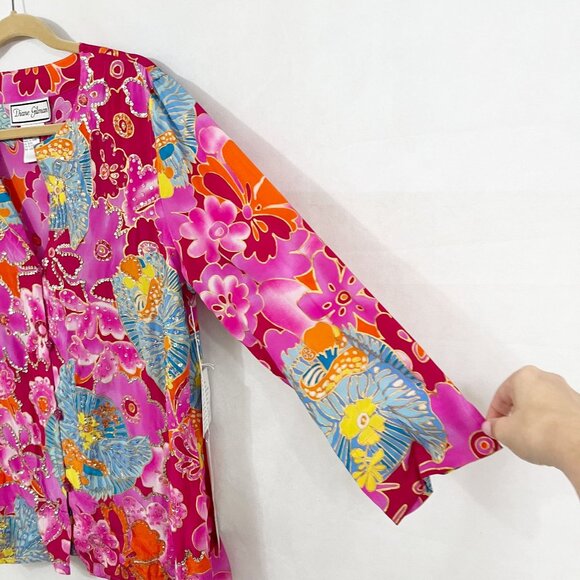 NEW Diane Gilman Pink Multicolor Beaded Artsy Long Sleeve Blouse Silk LARGE - Picture 3 of 8